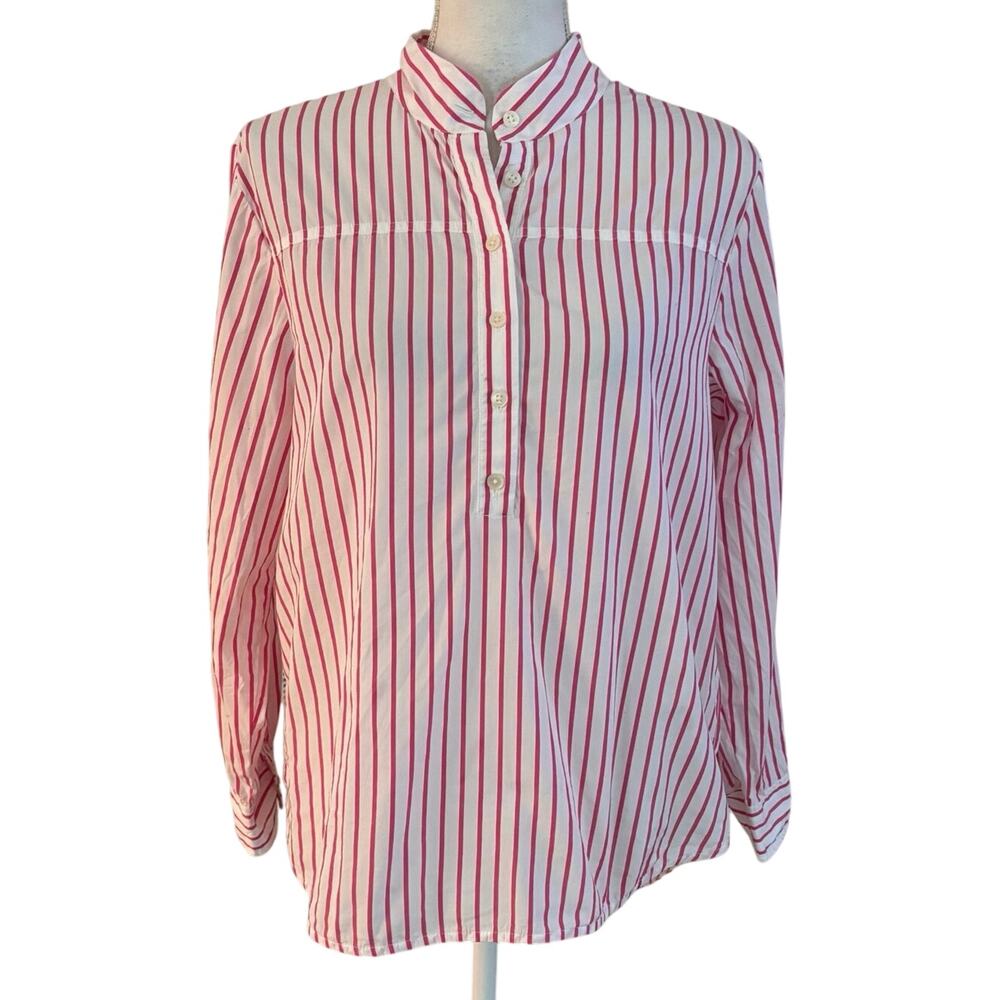 J Crew Size 8 Band Collar Cotton Poplin Top Blouse Popover Stripe Pink White